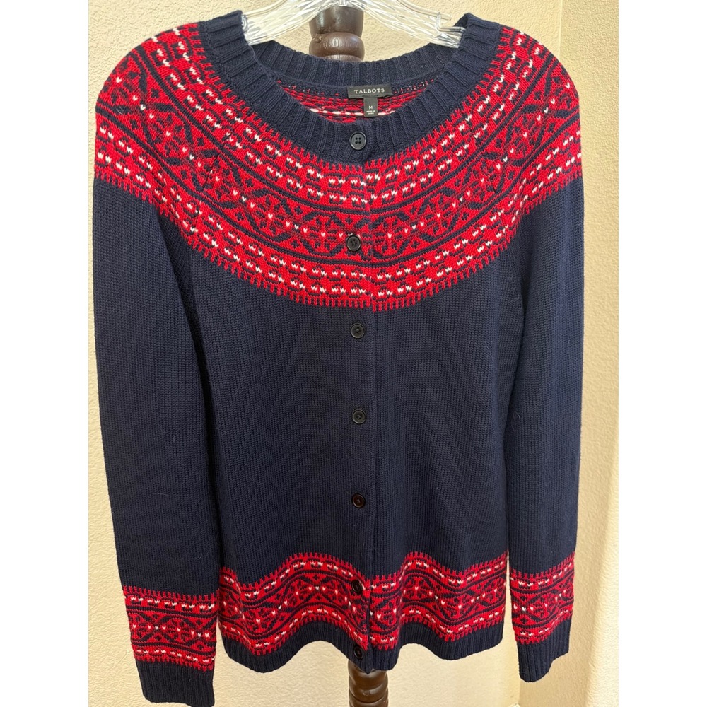 Talbots Womens Navy Blue Red Fair Isle Lambswool Blend Cardigan Sweater Size M